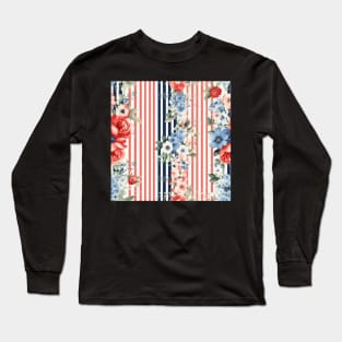 Red White and Blue Patriotic Shabby Floral Long Sleeve T-Shirt